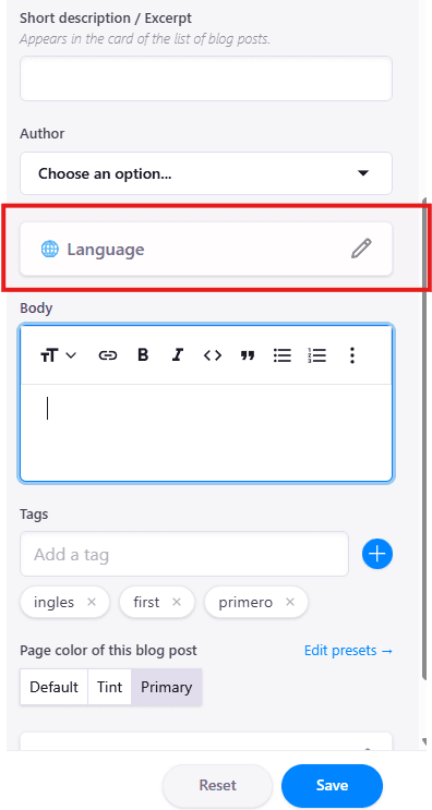 botón de lenguaje del blog