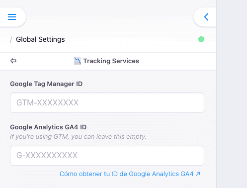 Barra del editor de Marte con los campos de GTM y GA