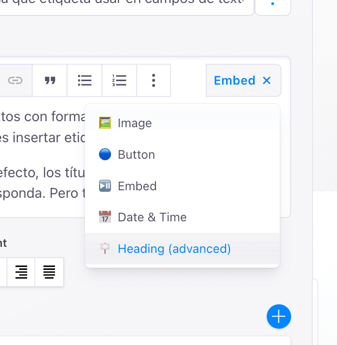 Captura de pantalla de añadir el elemento Heading (advanced)