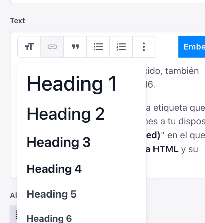 Captura de pantalla de RTE con selector de headings