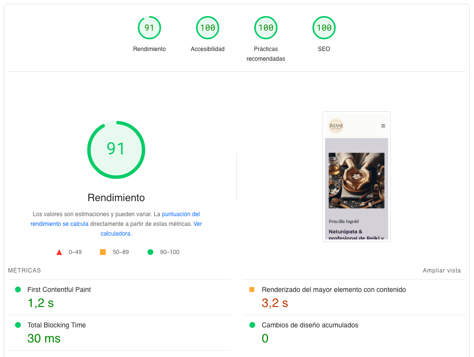 Ejemplo de puntuación PageSpeed Insights con Marte