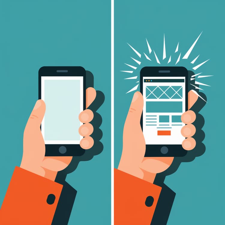 A la izquierda, un smartphone vacío, y a la derecha, un smartphone que acaba de cargar una página